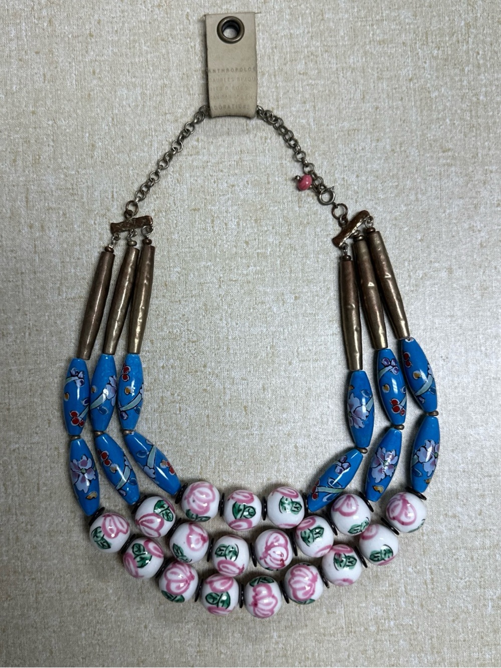 Anthropologie Statement Necklace Multi Strand Blue Pink Floral Ceramic Beads